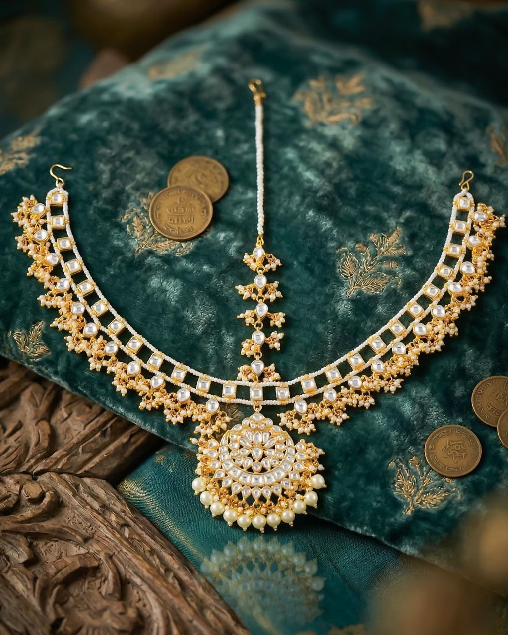 pearl headband Mang tikka Kundan Pearl Sheeshpatti Bridal Headpiece with Polki Stones, Gold-Tone Finish