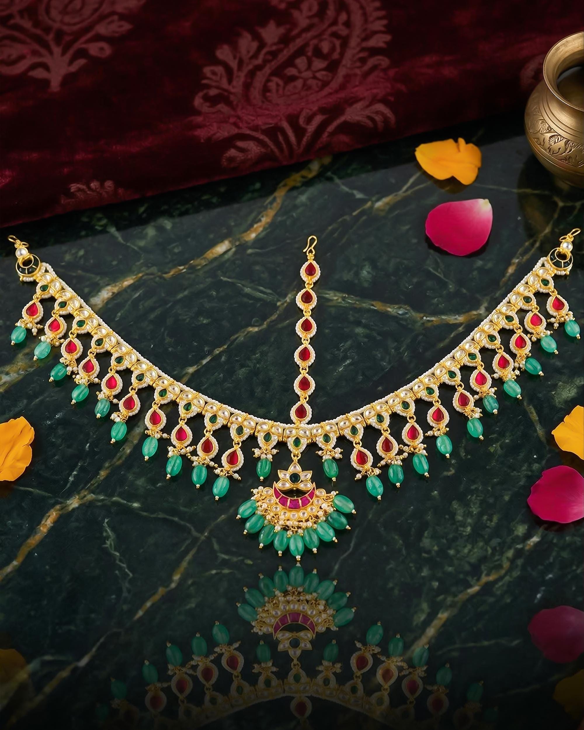 Kundan Polki Bridal Sheeshpatti, Gold Pearl Headpiece, Indian Wedding Maang Tikka