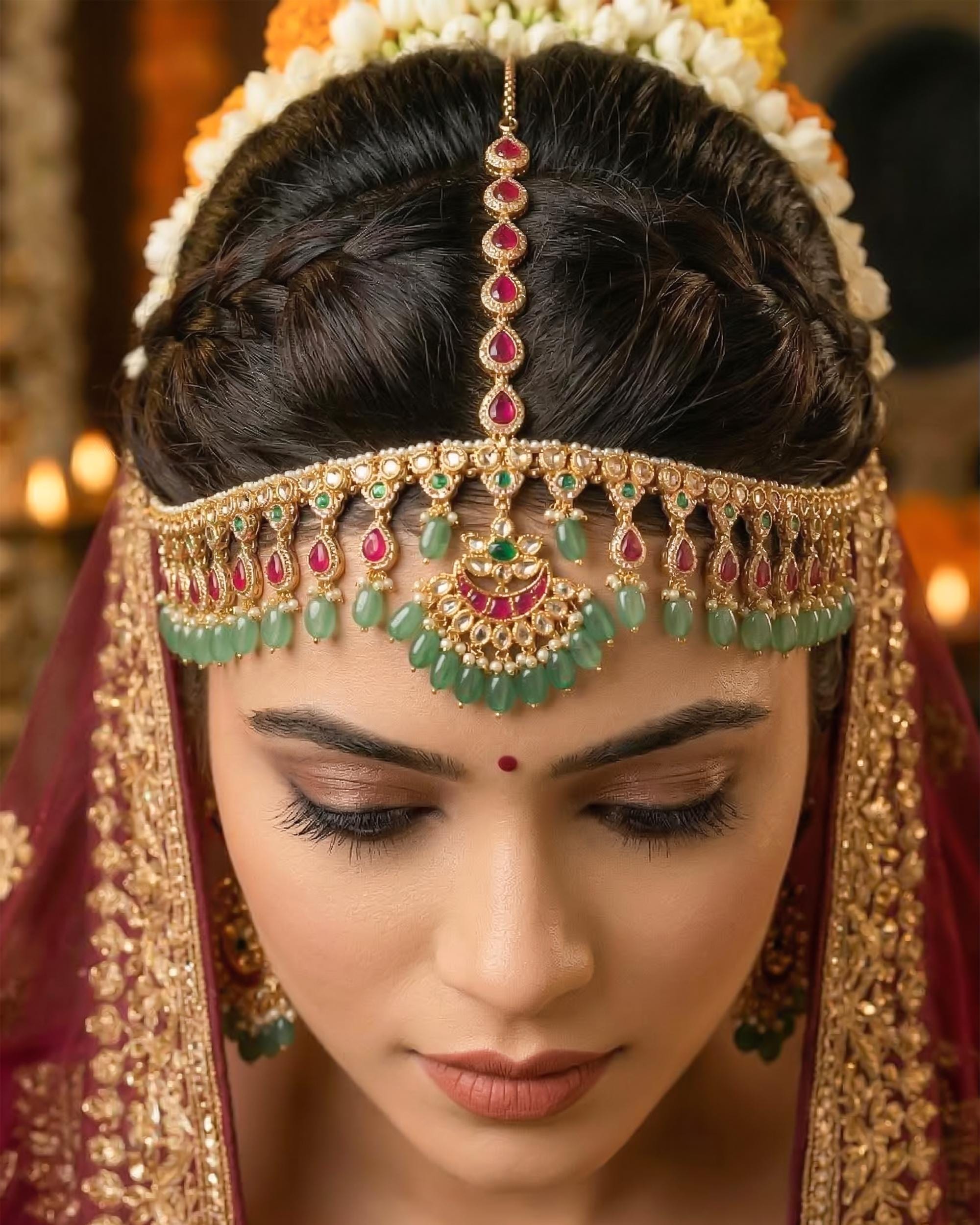 Kundan Polki Bridal Sheeshpatti, Gold Pearl Headpiece, Indian Wedding Maang Tikka