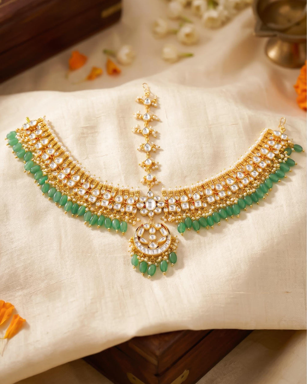 Kundan Polki Sheeshpatti with Green Beads | Indian Bridal Headpiece, Mughal Style Maang Tikka