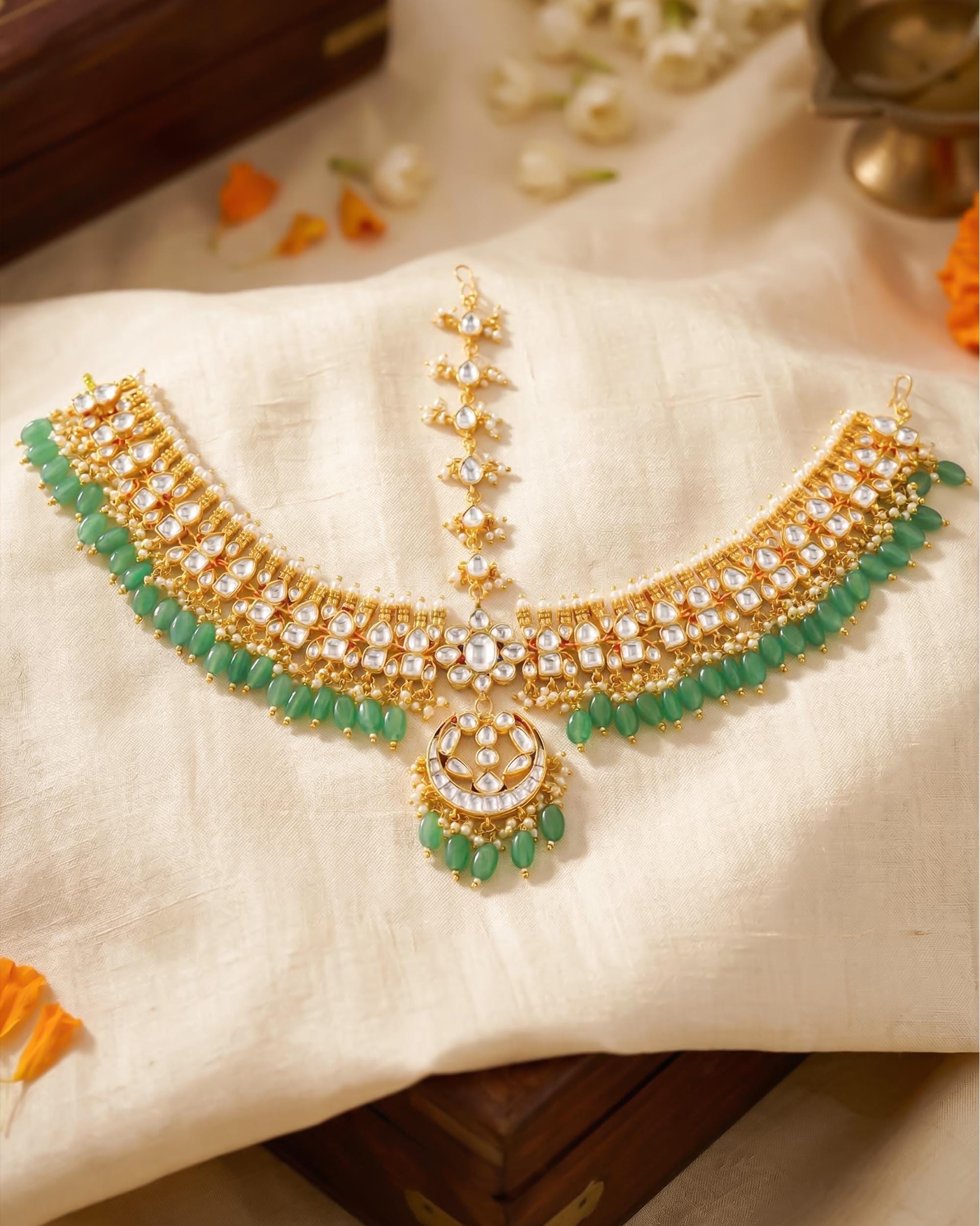 Kundan Polki Sheeshpatti with Green Beads | Indian Bridal Headpiece, Mughal Style Maang Tikka
