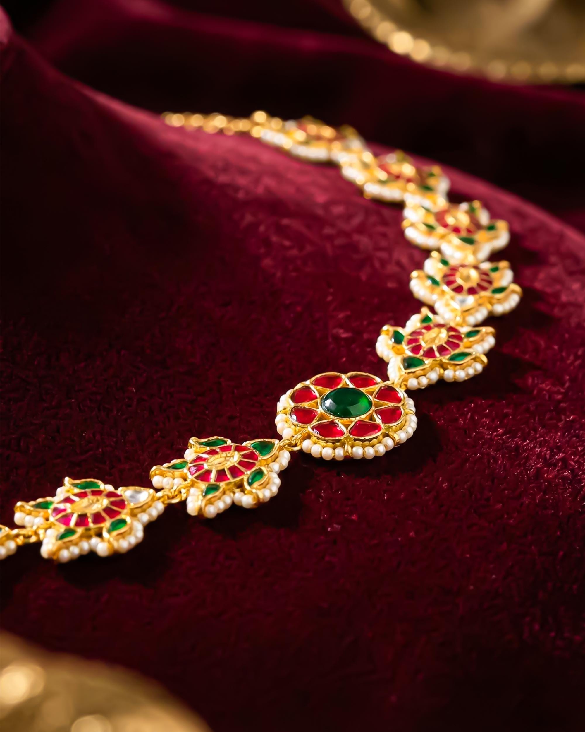 Handcrafted Floral Sheeshpatti: Gold-Tone Temple Jewelry with Ruby Emerald Enamel