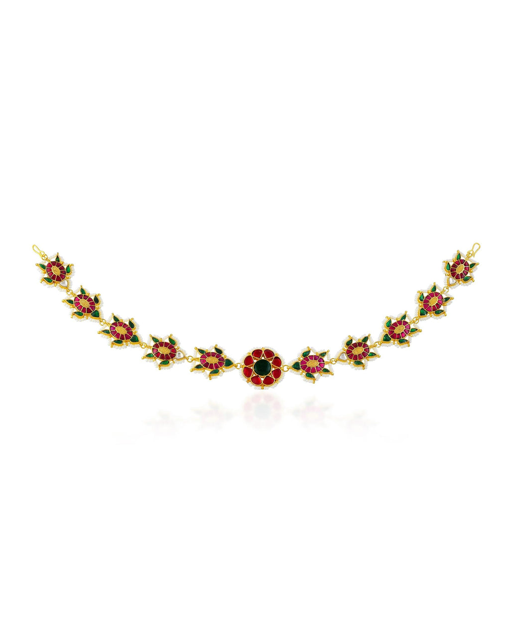 Handcrafted Floral Sheeshpatti: Gold-Tone Temple Jewelry with Ruby Emerald Enamel