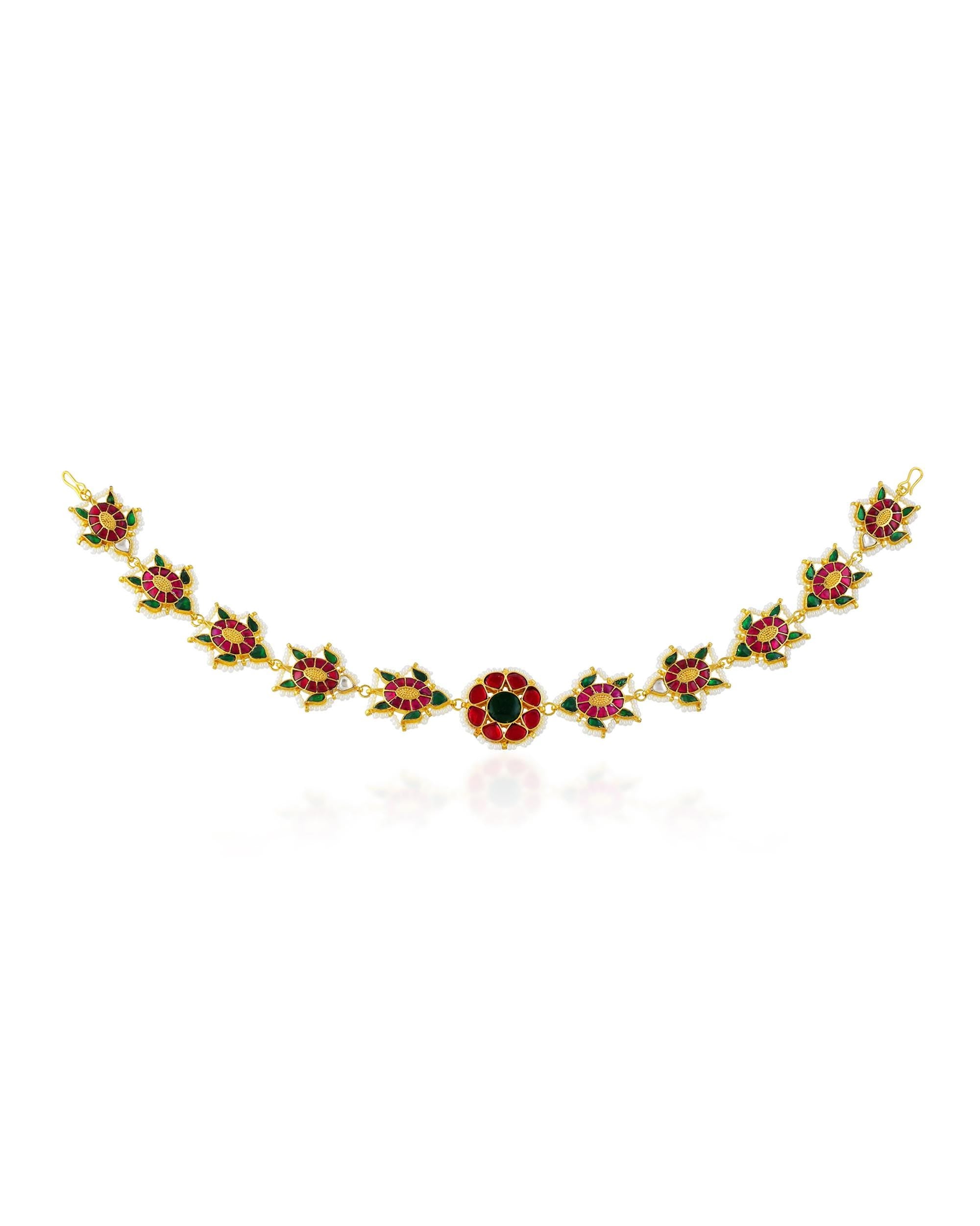 Handcrafted Floral Sheeshpatti: Gold-Tone Temple Jewelry with Ruby Emerald Enamel