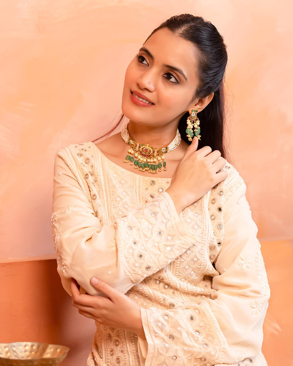 Handcrafted Pearl Meenakari Choker Set, Emerald Green Indian Bridal Jewelry