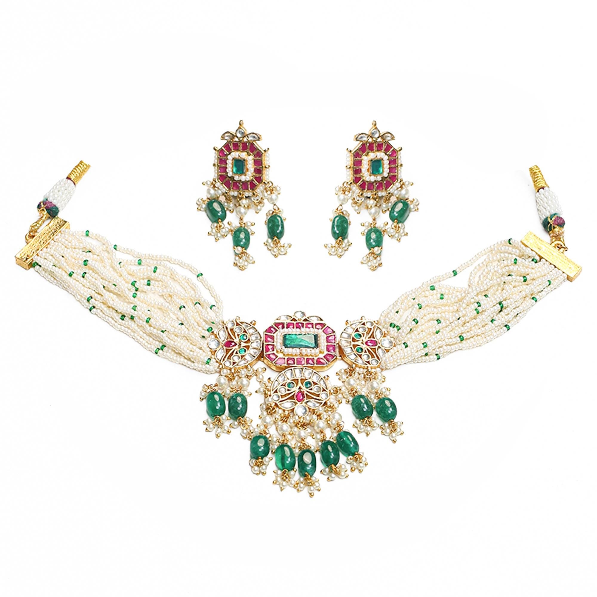 Indian Kundan Choker Necklace Set, Green Stone Pearl Necklace, Bridal Jewelry Set, Meenakari Jadau Necklace, Wedding Choker, Festive Ethnic