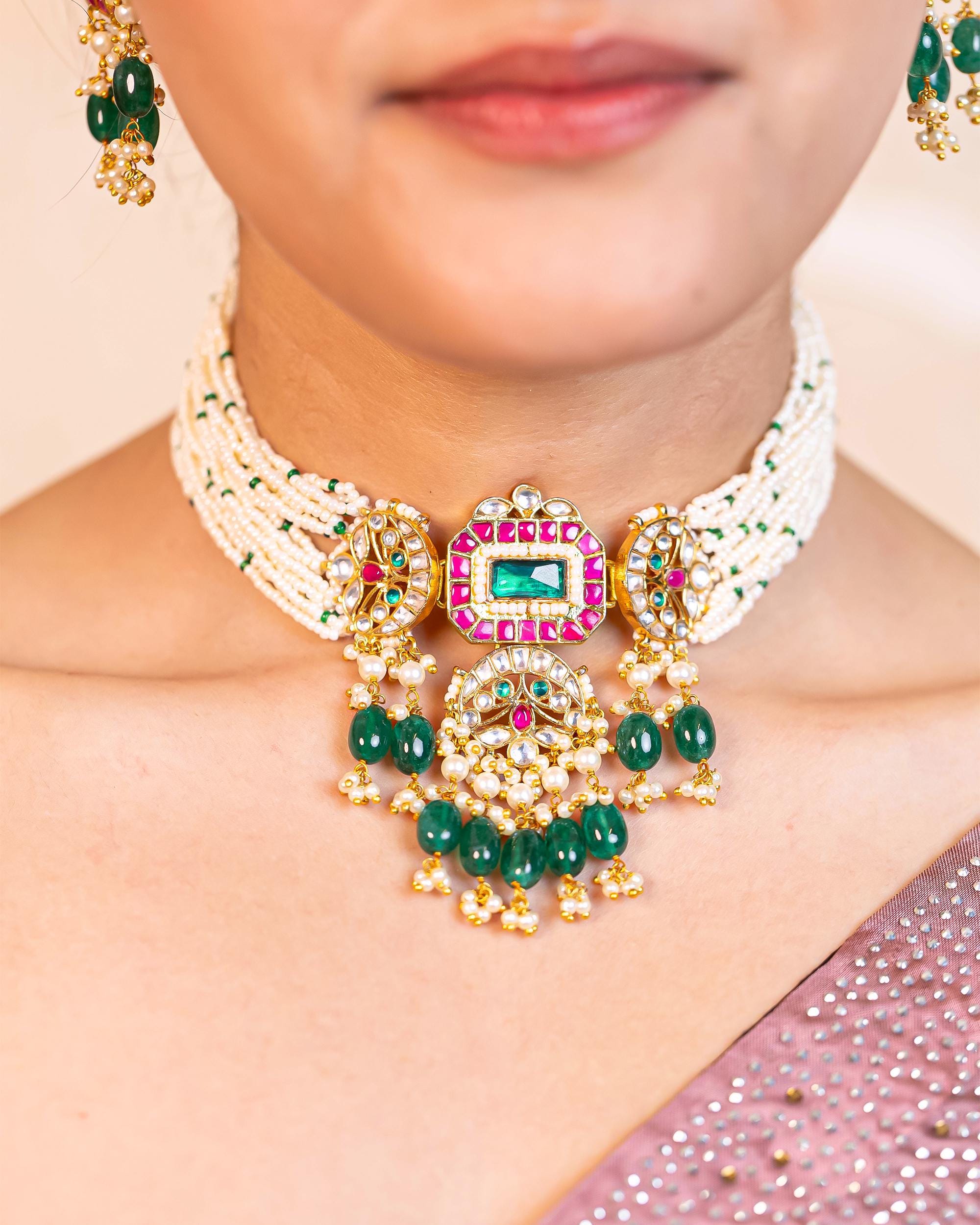 Indian Kundan Choker Necklace Set, Green Stone Pearl Necklace, Bridal Jewelry Set, Meenakari Jadau Necklace, Wedding Choker, Festive Ethnic