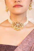 Kundan Pearl Choker Necklace Set, Indian Bridal Wedding Jewelry, Gold Tone Ethnic Pendant Earrings