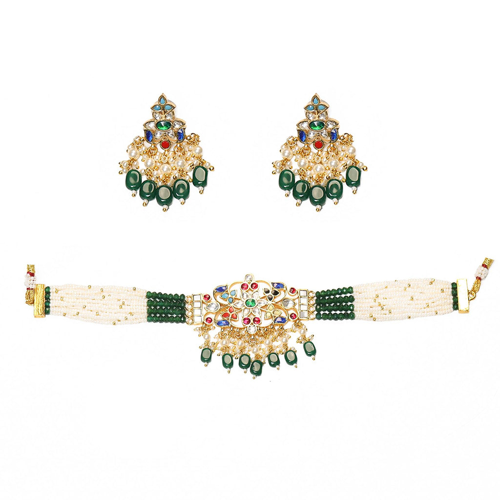 Handcrafted Pearl Meenakari Choker Set, Multi-Color Enamel Bridal Jewelry