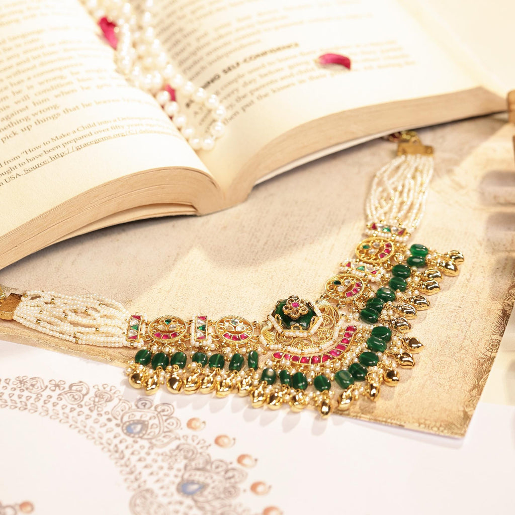Handcrafted Kundan Pearl Choker Set, Antique Gold Bridal Wedding Jewelry