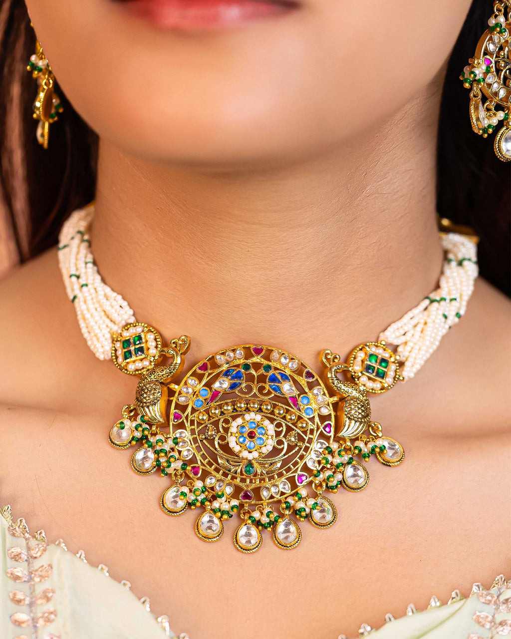 Royal Kundan Pearl Necklace Set | Peacock Bridal Indian Wedding Jewelry