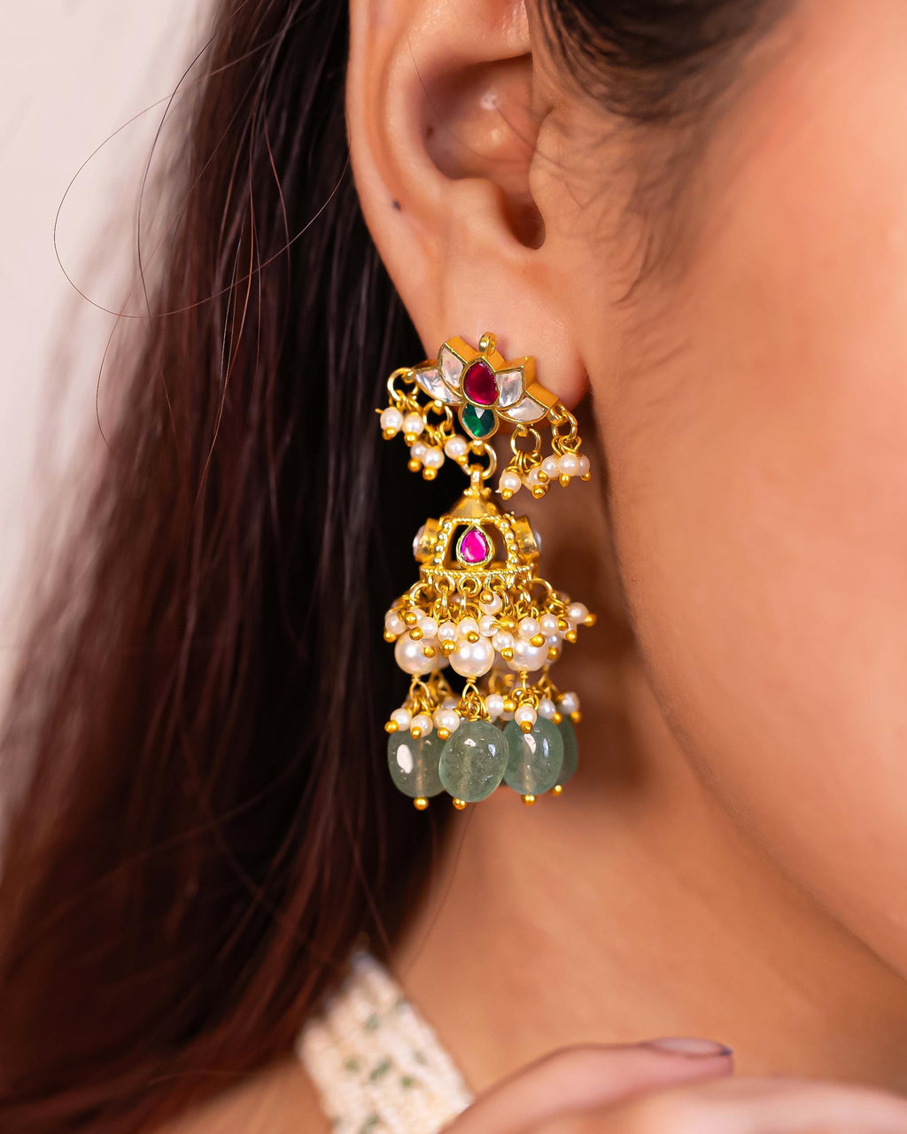 Kundan Pearl Necklace Set with Peacock Motifs & Emerald Beads  Artisan Indian Jewelry