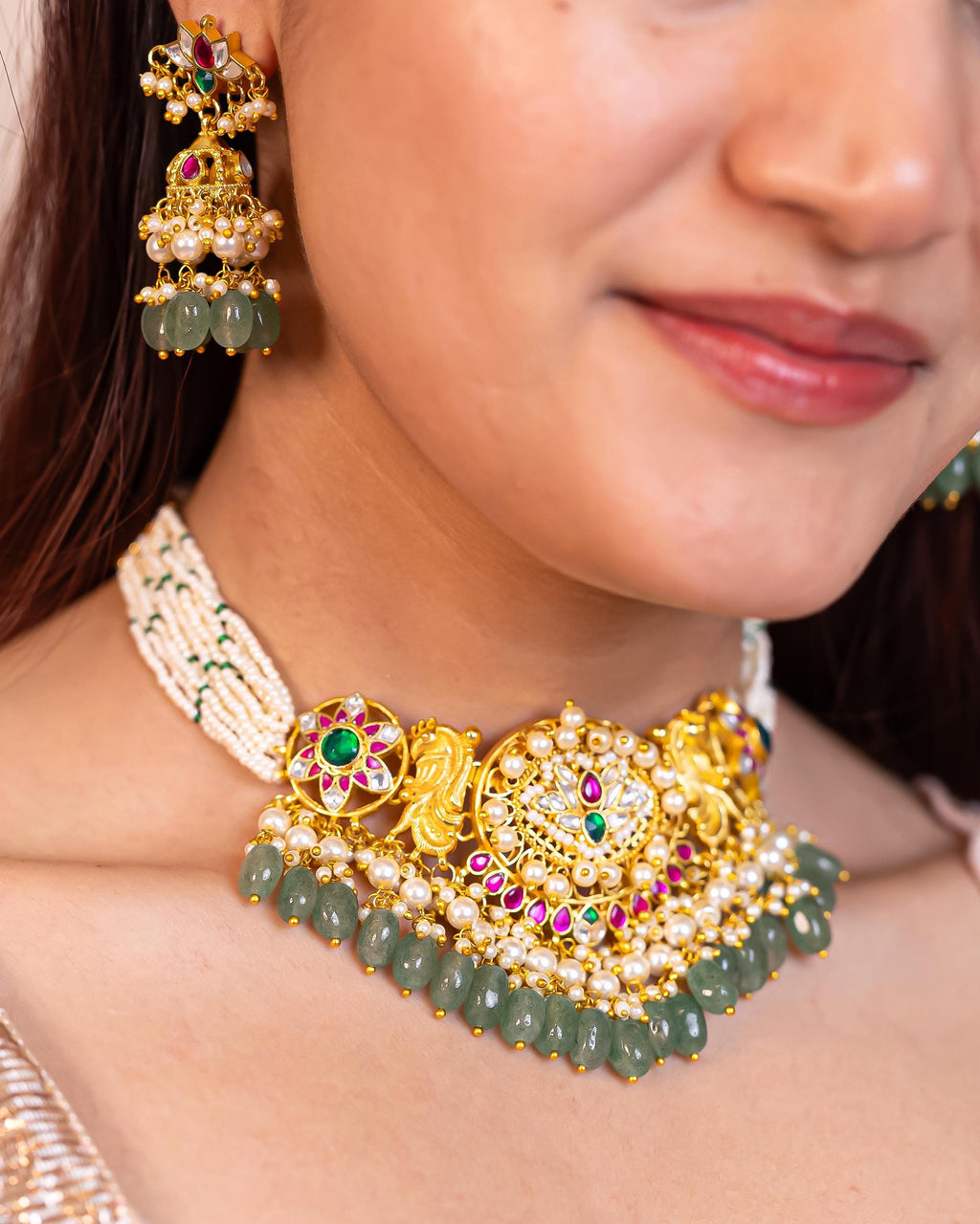 Kundan Pearl Necklace Set with Peacock Motifs & Emerald Beads  Artisan Indian Jewelry