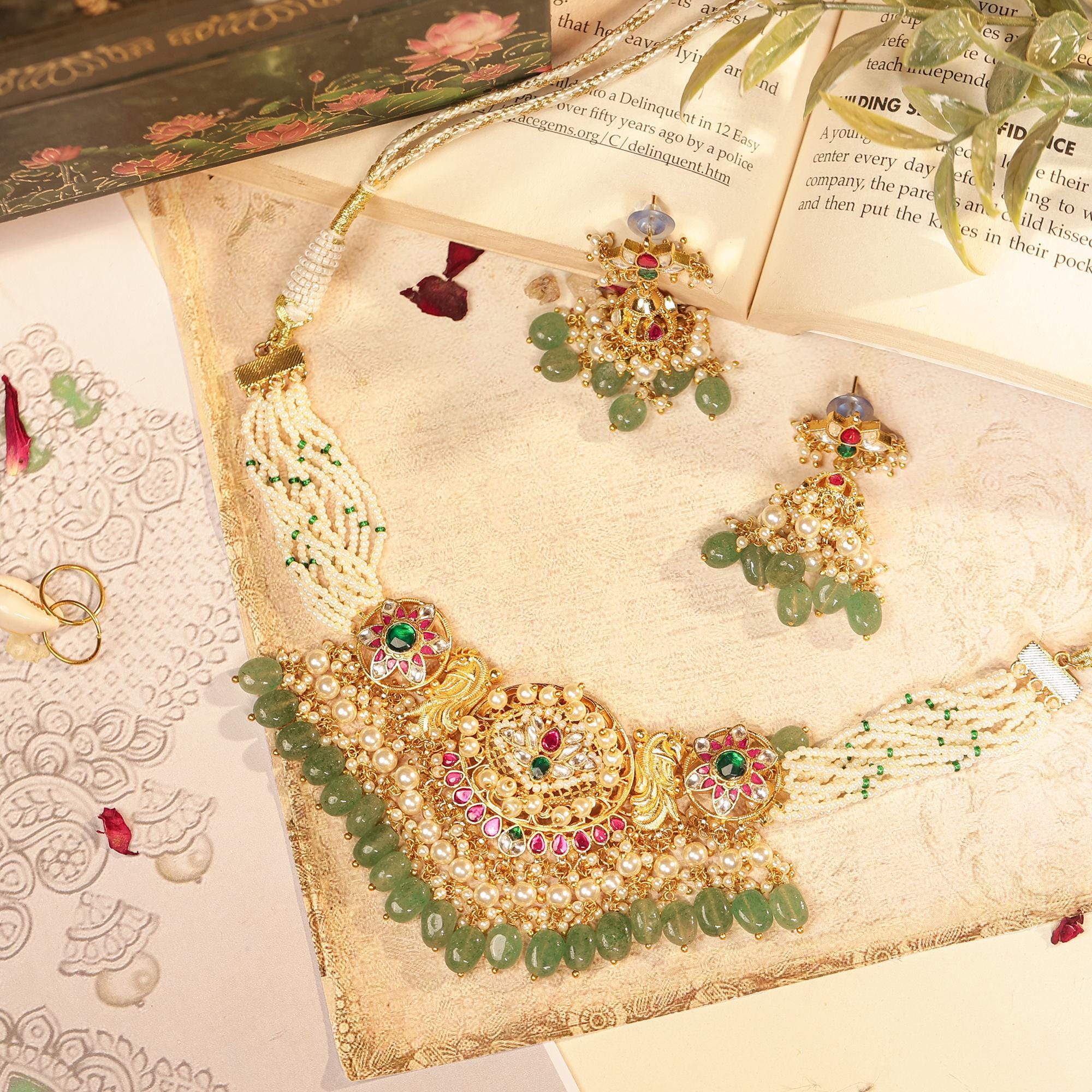 Kundan Pearl Necklace Set with Peacock Motifs & Emerald Beads  Artisan Indian Jewelry