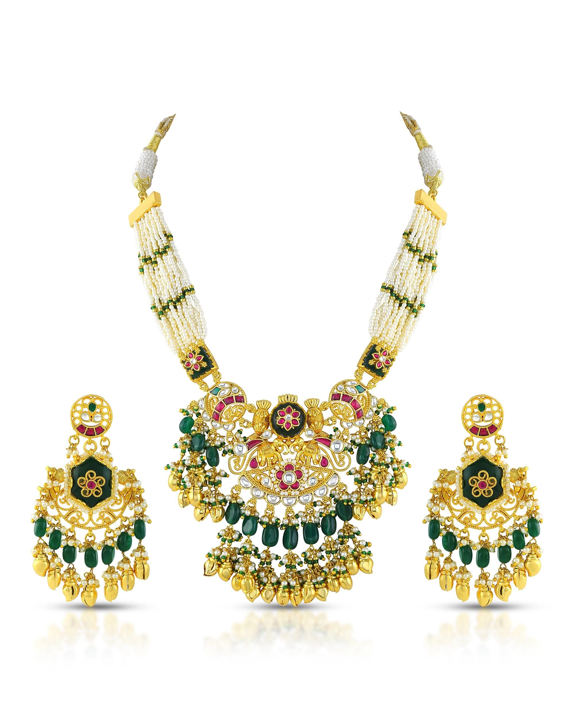 Handcrafted Pearl Enamel Necklace Set | Royal Indian Bridal Jewelry, Emerald Ruby Choker