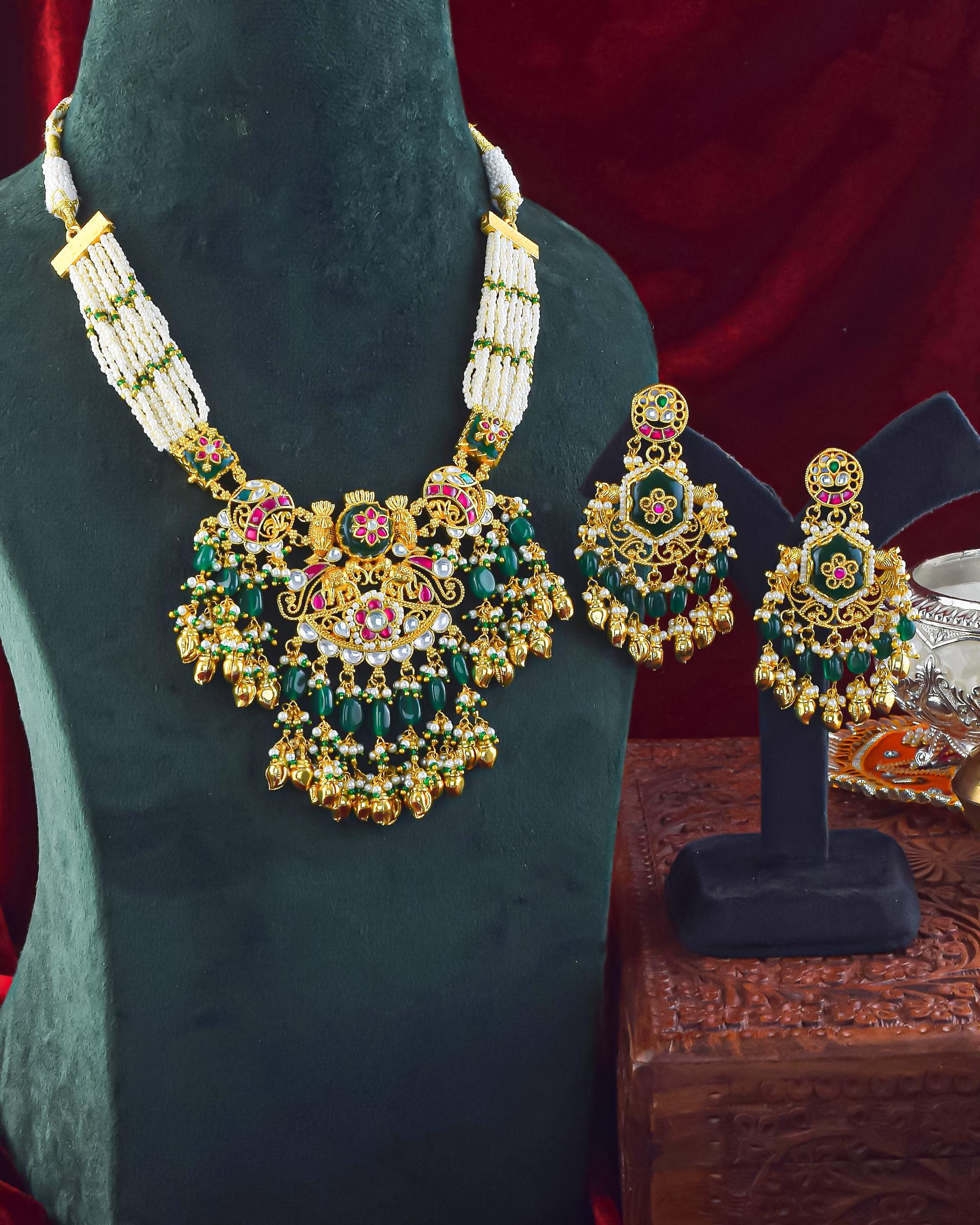 Handcrafted Pearl Enamel Necklace Set | Royal Indian Bridal Jewelry, Emerald Ruby Choker