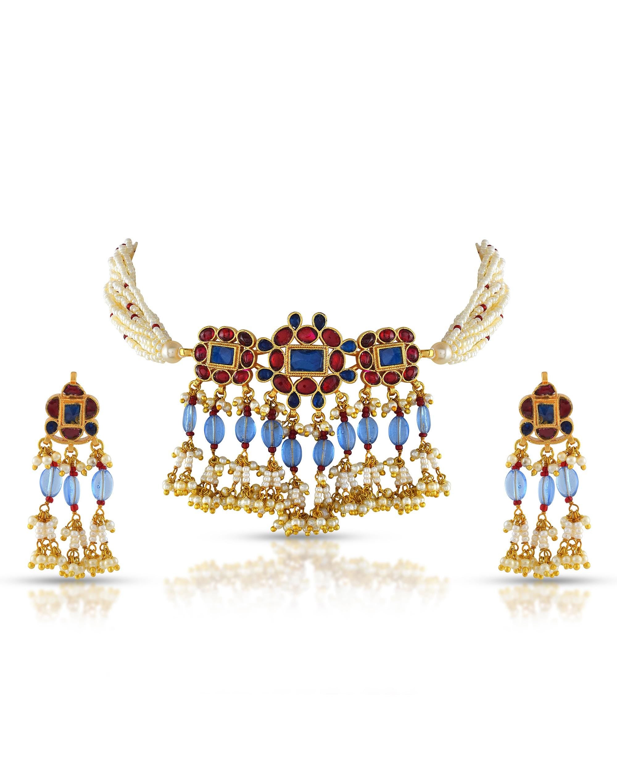 Royal Blue Ruby Choker Necklace Set | Traditional Indian Bridal Jewelry, Pearl Strands