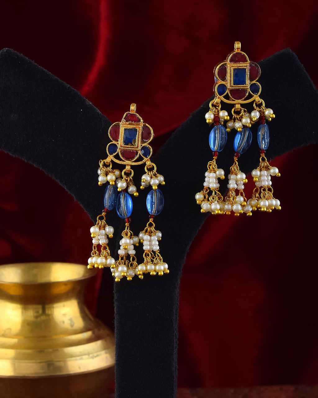 Royal Blue Ruby Choker Necklace Set | Traditional Indian Bridal Jewelry, Pearl Strands