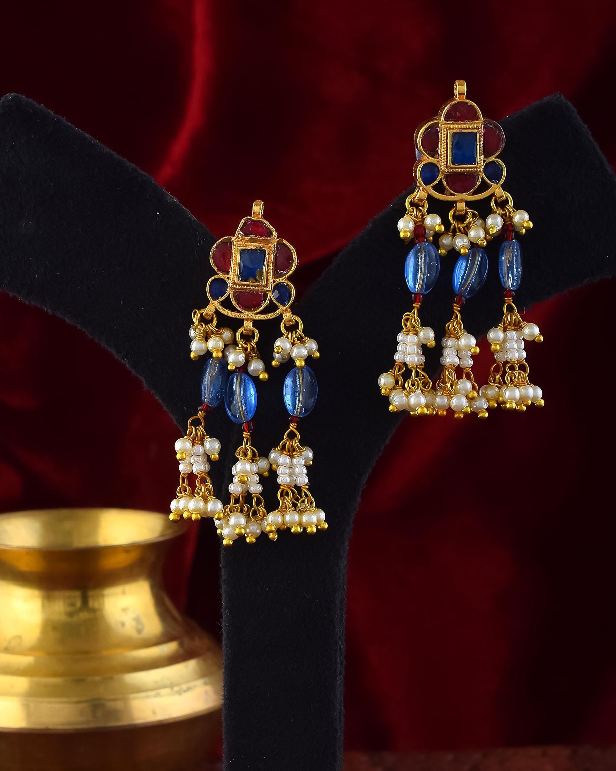 Royal Blue Ruby Choker Necklace Set | Traditional Indian Bridal Jewelry, Pearl Strands