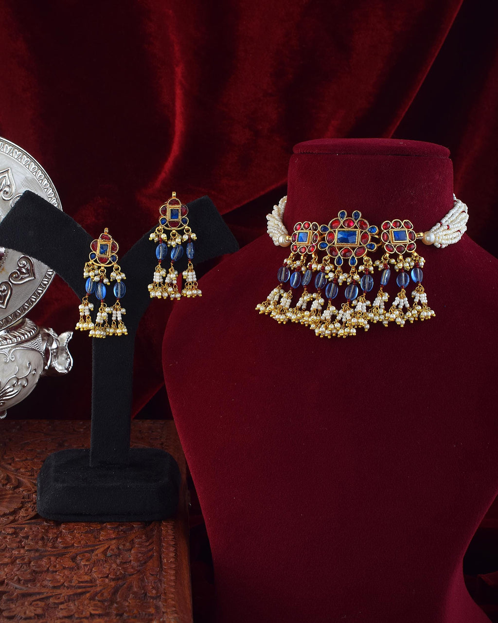 Royal Blue Ruby Choker Necklace Set | Traditional Indian Bridal Jewelry, Pearl Strands
