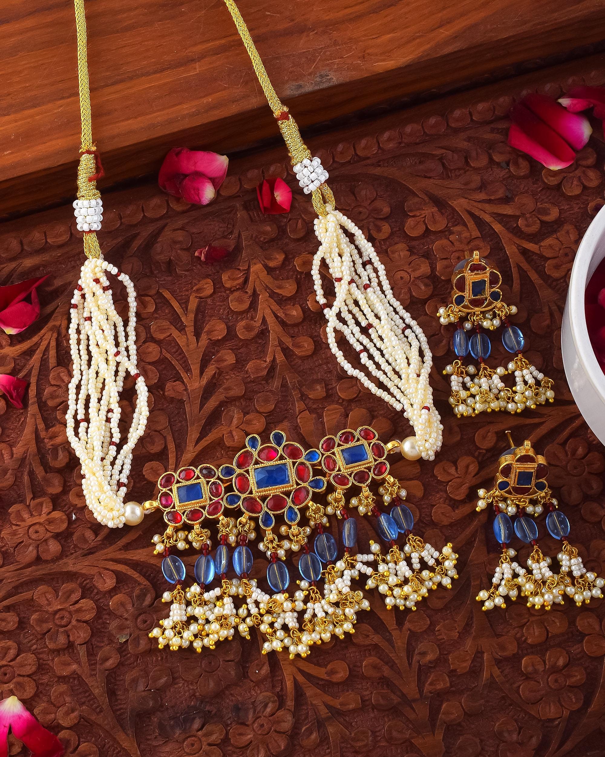 Royal Blue Ruby Choker Necklace Set | Traditional Indian Bridal Jewelry, Pearl Strands