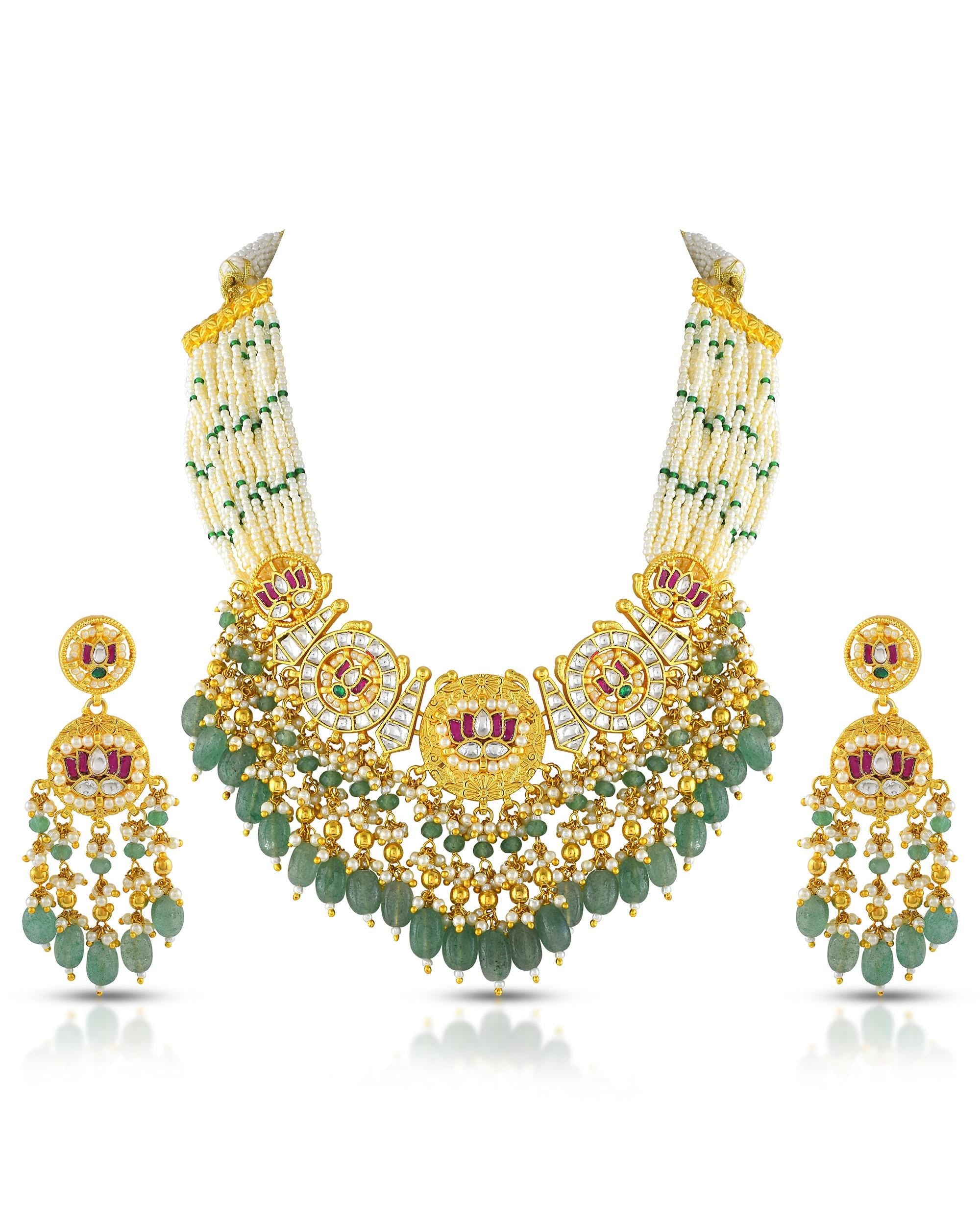 Kundan Pearl Necklace Traditional Indian Bridal Jewelry Meenakari Peacock Floral Statement Wedding Ethnic Set