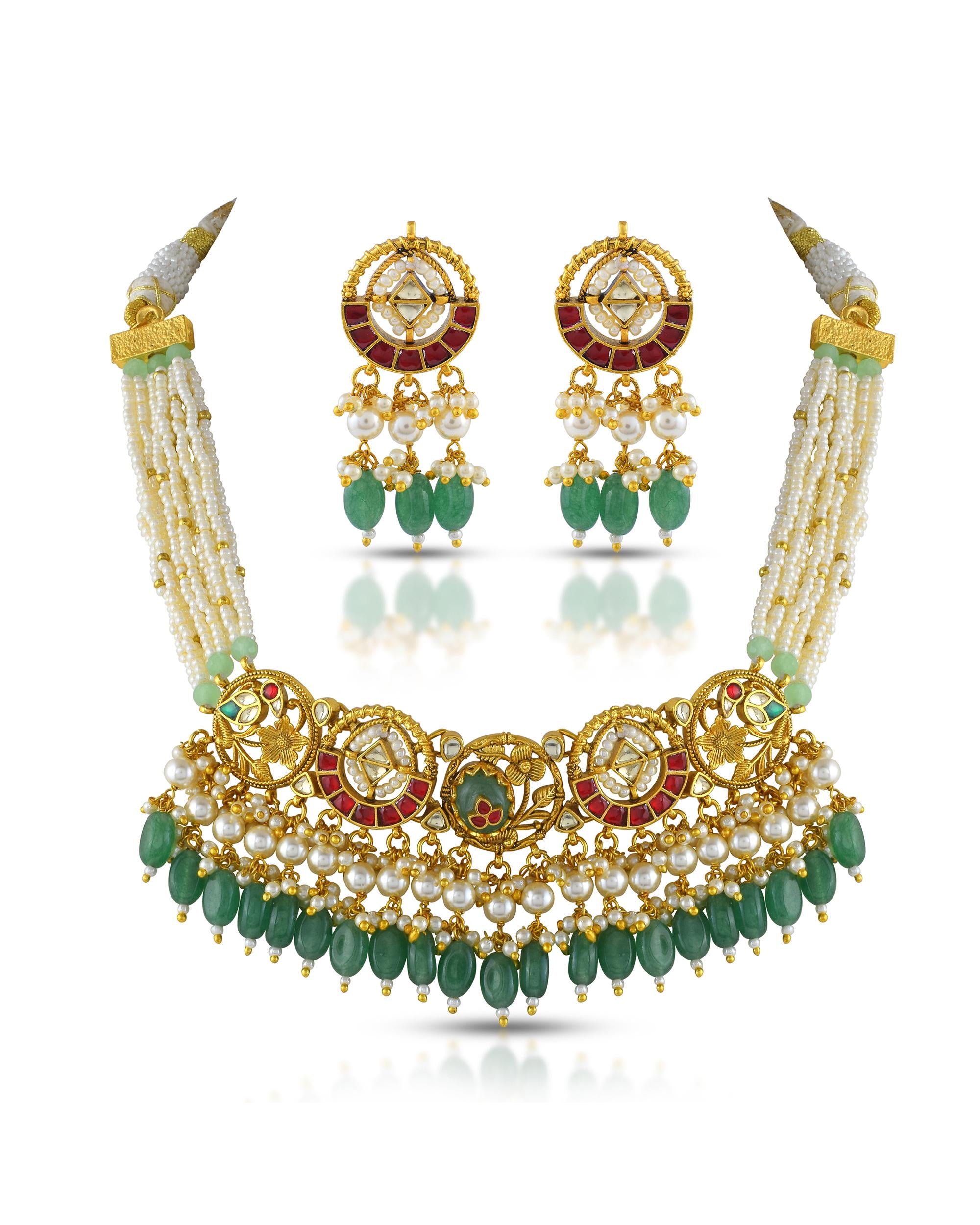 Royal Kundan Pearl Choker Set with Green Bead Drop  Traditional Indian Bridal Jewelry