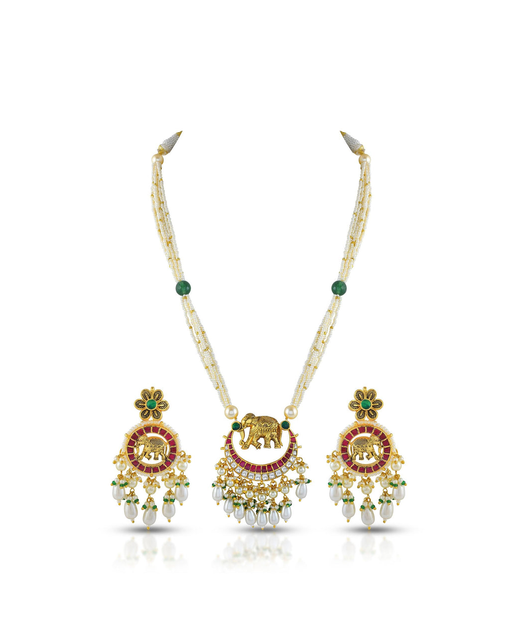 Elephant Motif Chandbali Necklace Set | Traditional Indian Pearl Jewelry, Wedding Pendant Earrings
