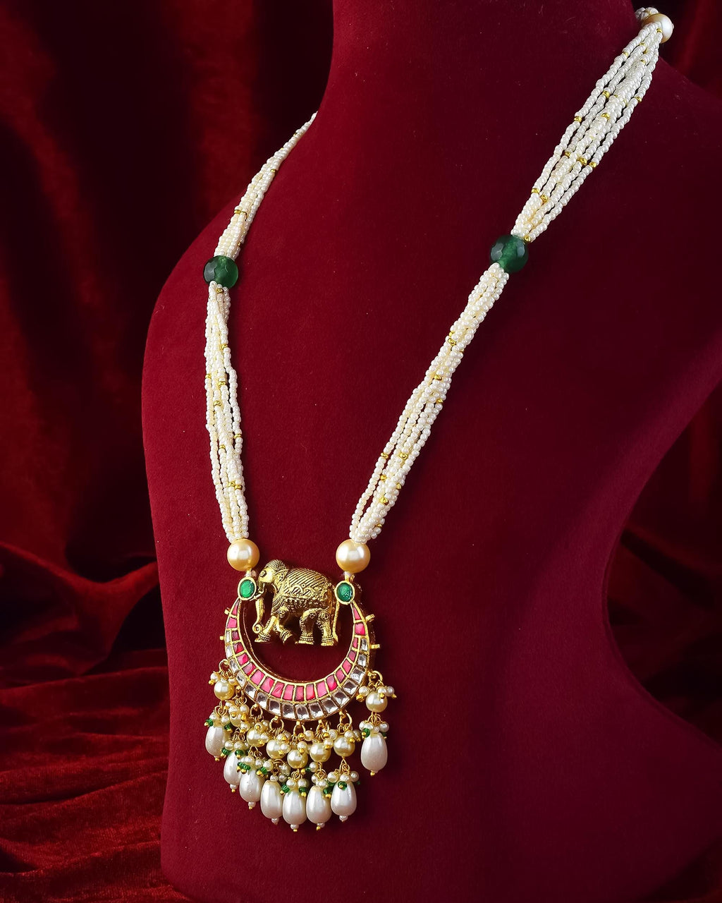 Elephant Motif Chandbali Necklace Set | Traditional Indian Pearl Jewelry, Wedding Pendant Earrings