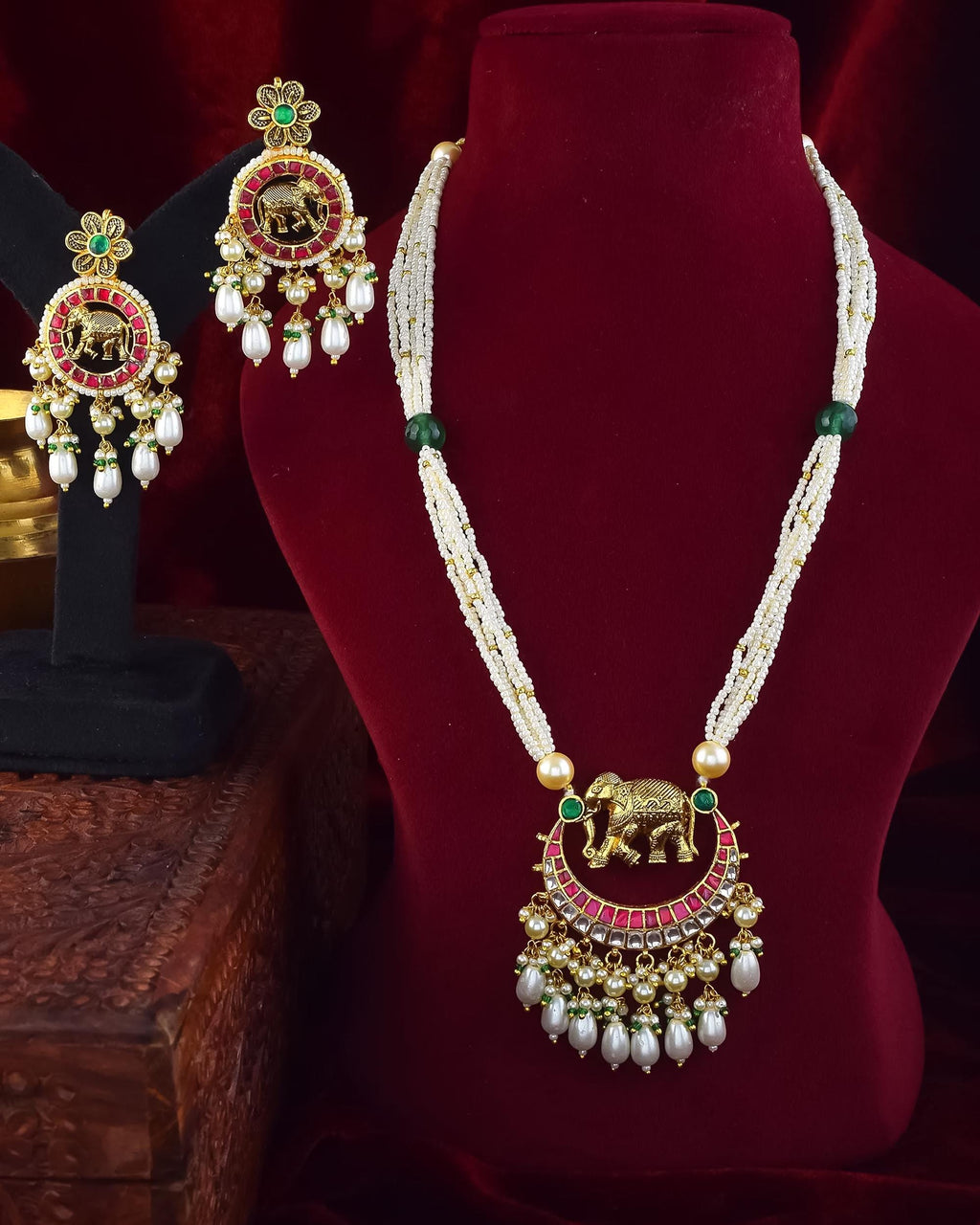 Elephant Motif Chandbali Necklace Set | Traditional Indian Pearl Jewelry, Wedding Pendant Earrings