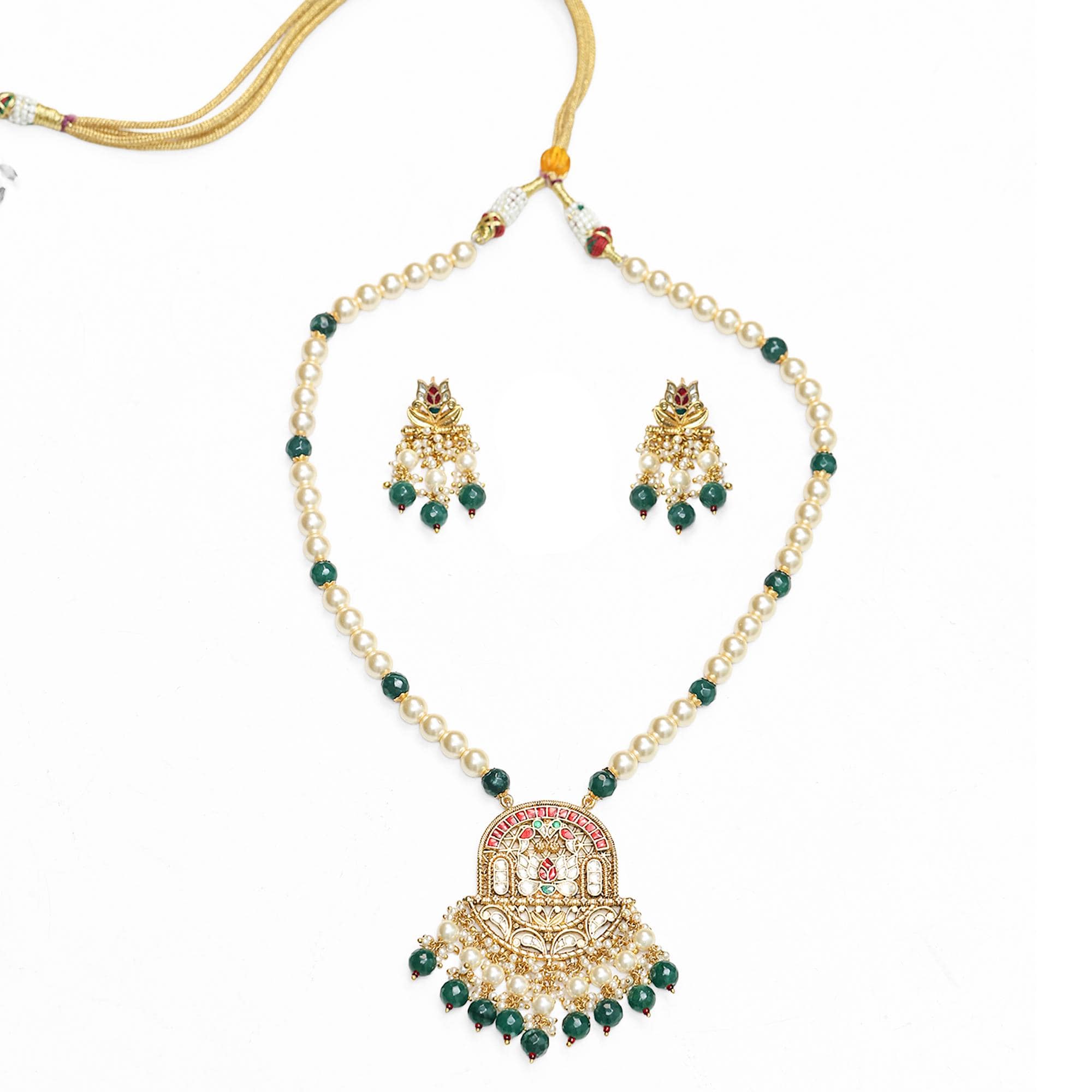 Handcrafted Meenakari Lotus Pendant Necklace Set with Pearls and Emerald Beads
