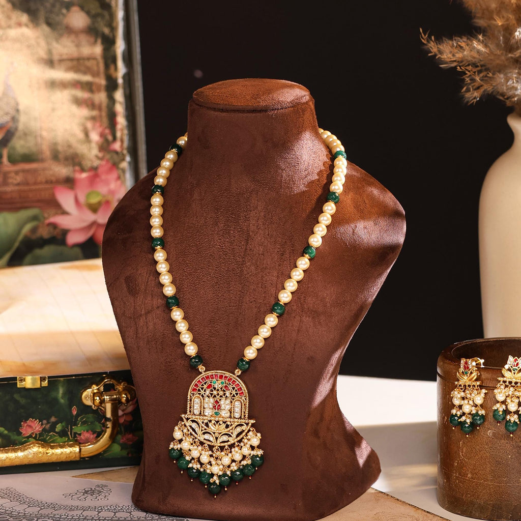 Handcrafted Meenakari Lotus Pendant Necklace Set with Pearls and Emerald Beads