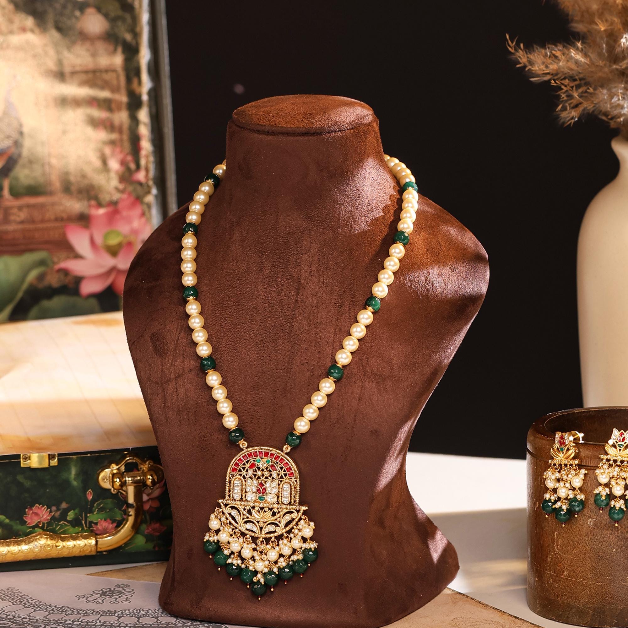 Handcrafted Meenakari Lotus Pendant Necklace Set with Pearls and Emerald Beads
