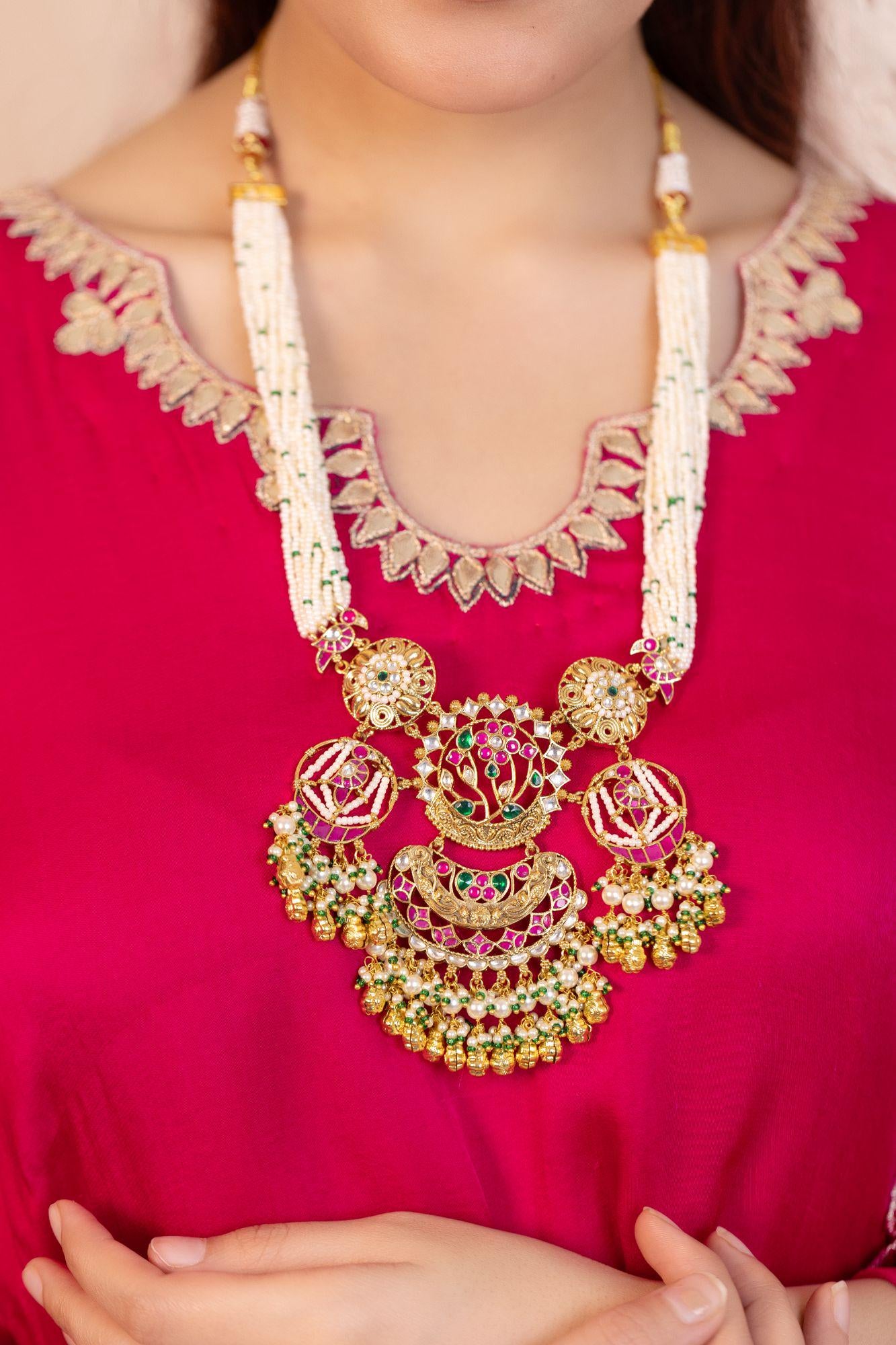 Meenakari Tree of Life Necklace Set | Seed Pearl Emerald Green Festive Statement Jewelry
