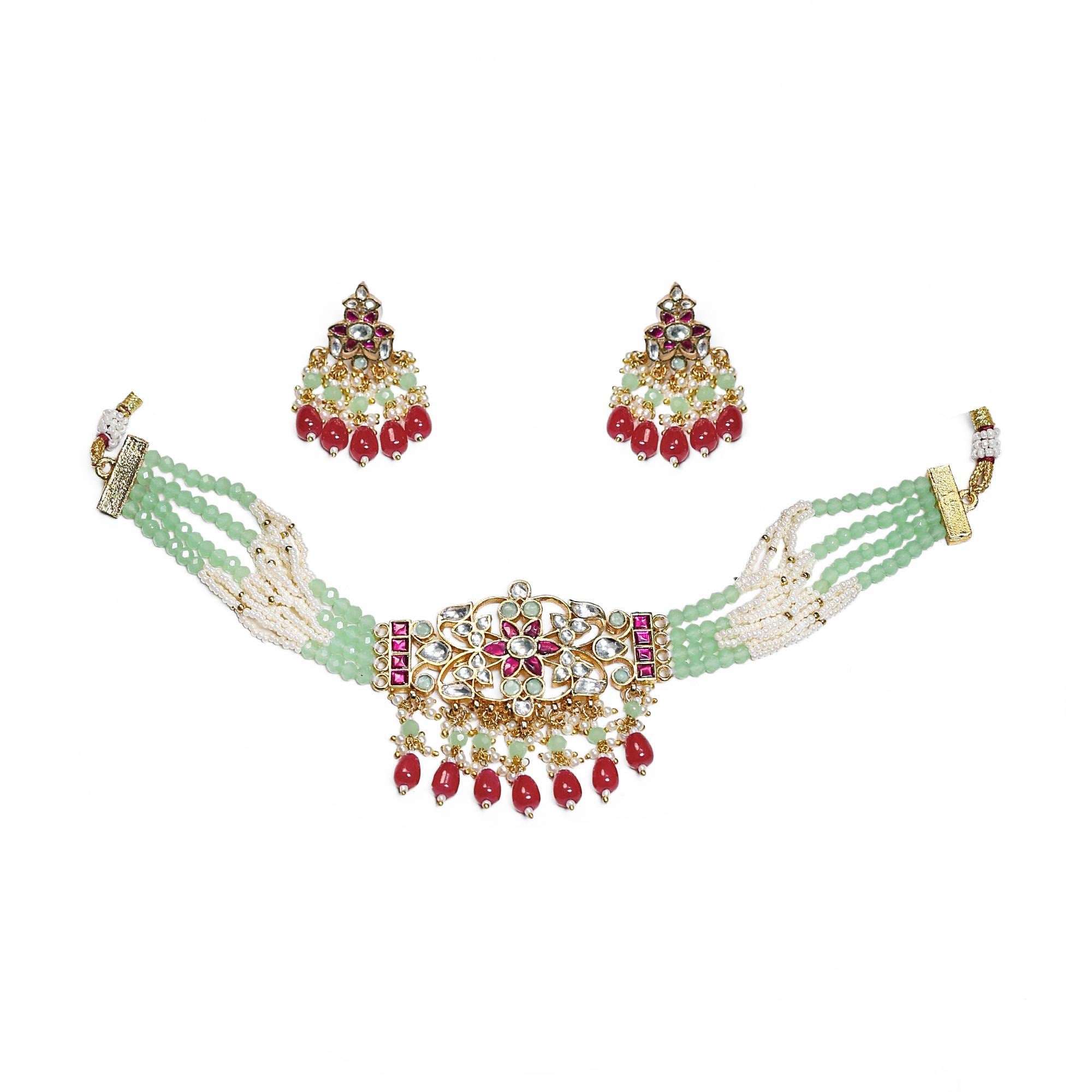 Mint Green Bead Pearl Choker Set | Indian Bridal Floral Kundan Statement Necklace