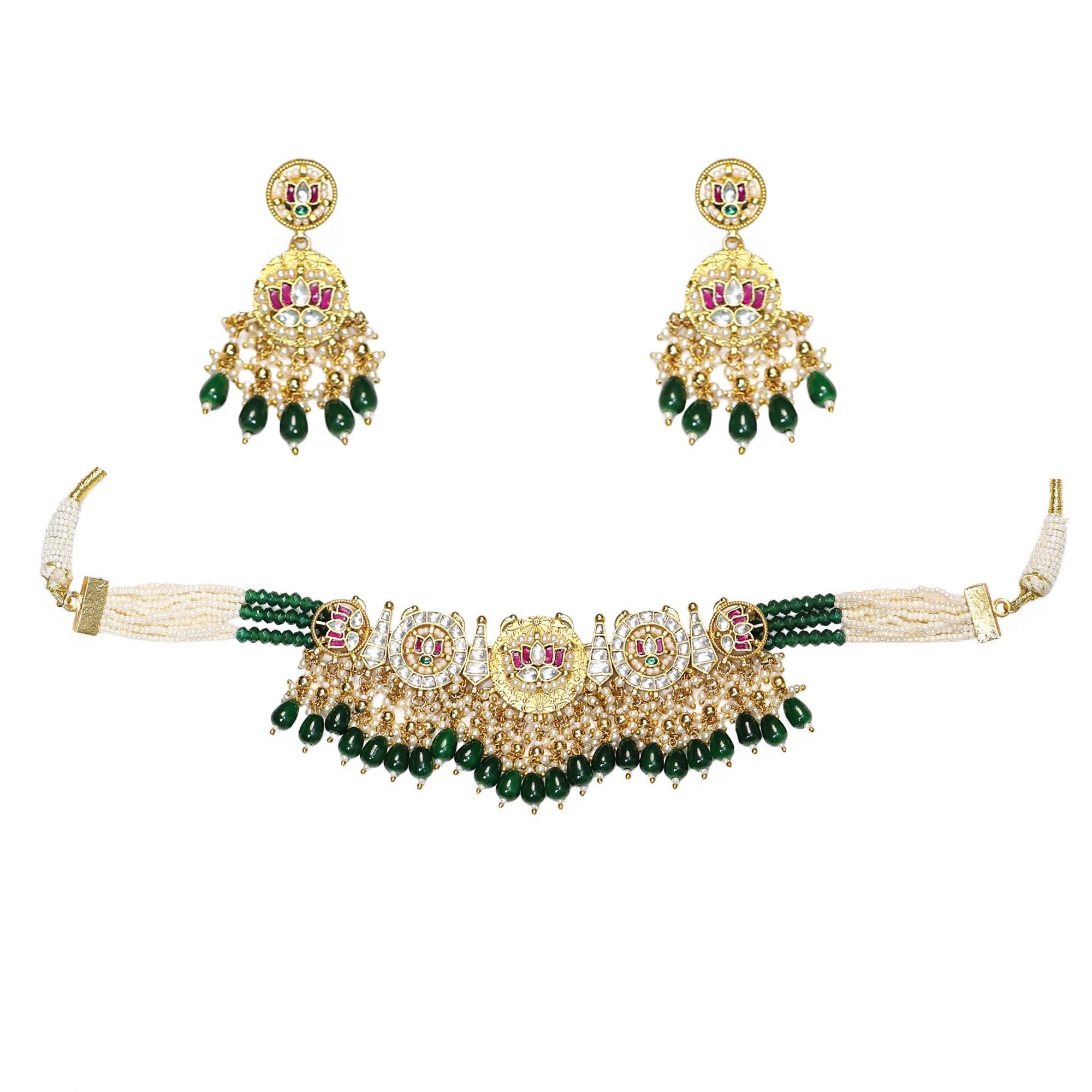 Kundan Emerald Choker Necklace Set | Indian Bridal Jewelry with Pearls Earrings