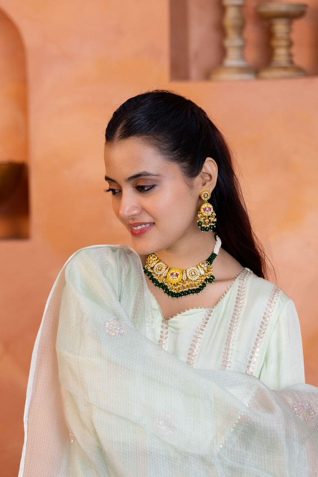 Kundan Emerald Choker Necklace Set | Indian Bridal Jewelry with Pearls Earrings