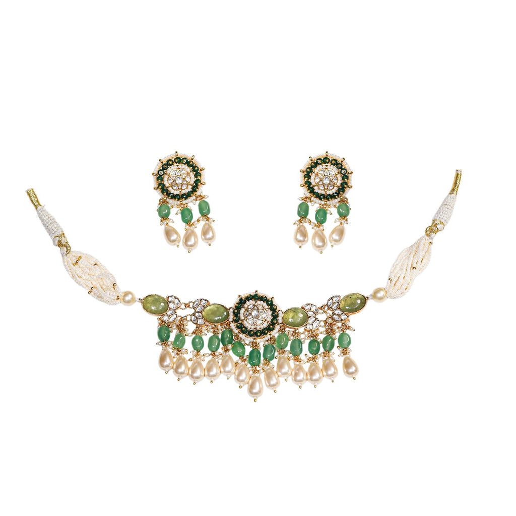 Green Kundan Pearl Choker Set | Traditional Indian Bridal Jewelry, Ethnic Necklace Earrings