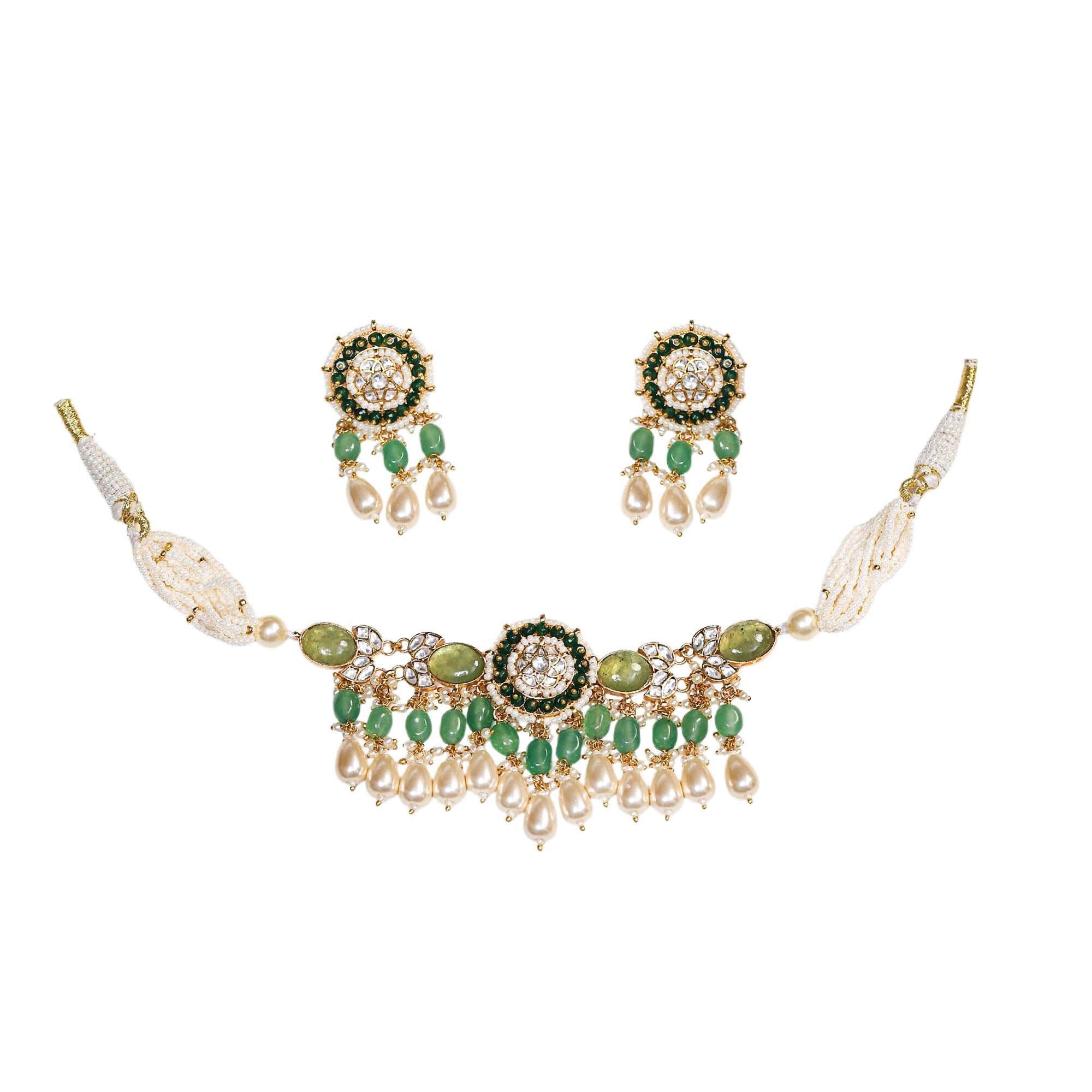 Green Kundan Pearl Choker Set | Traditional Indian Bridal Jewelry, Ethnic Necklace Earrings