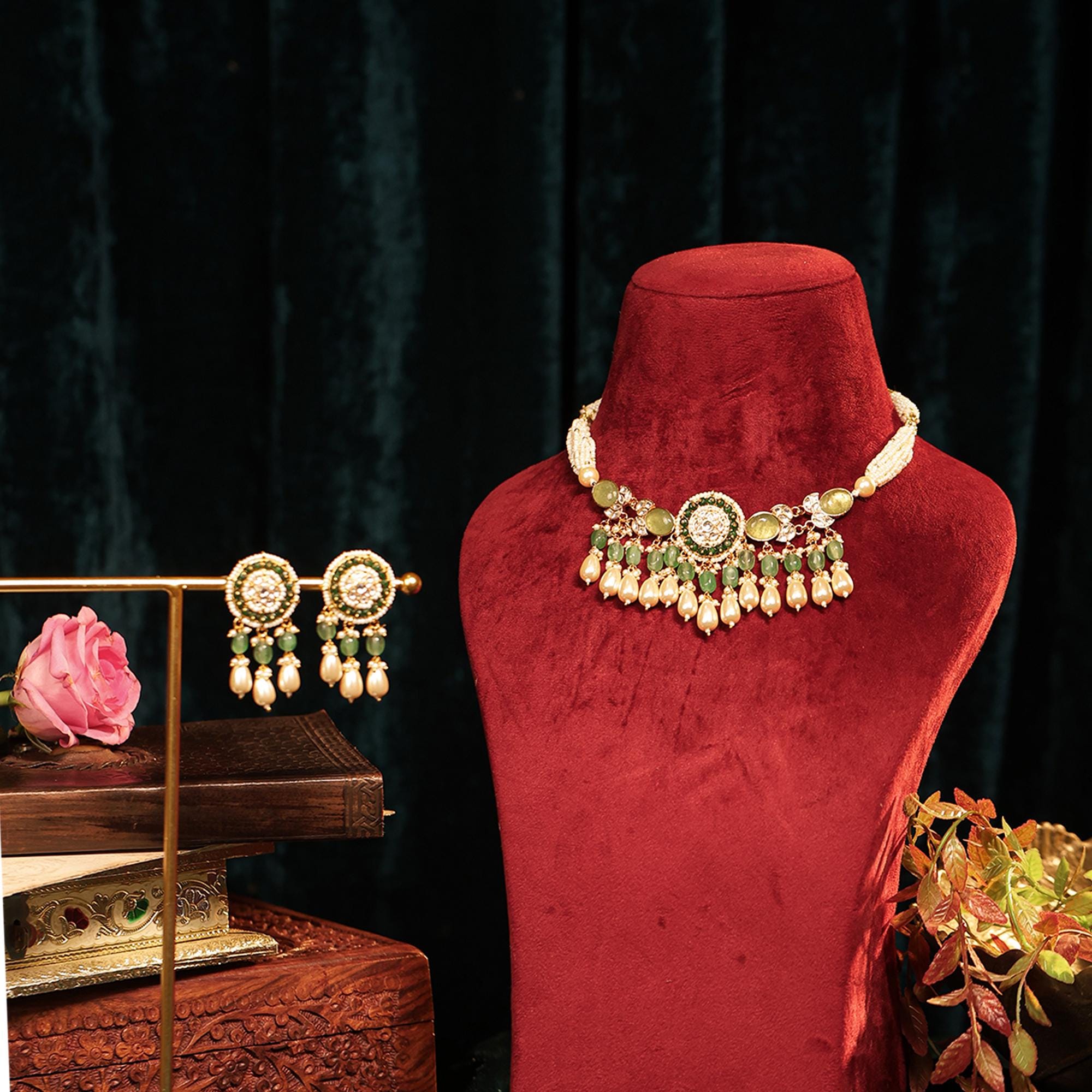 Green Kundan Pearl Choker Set | Traditional Indian Bridal Jewelry, Ethnic Necklace Earrings
