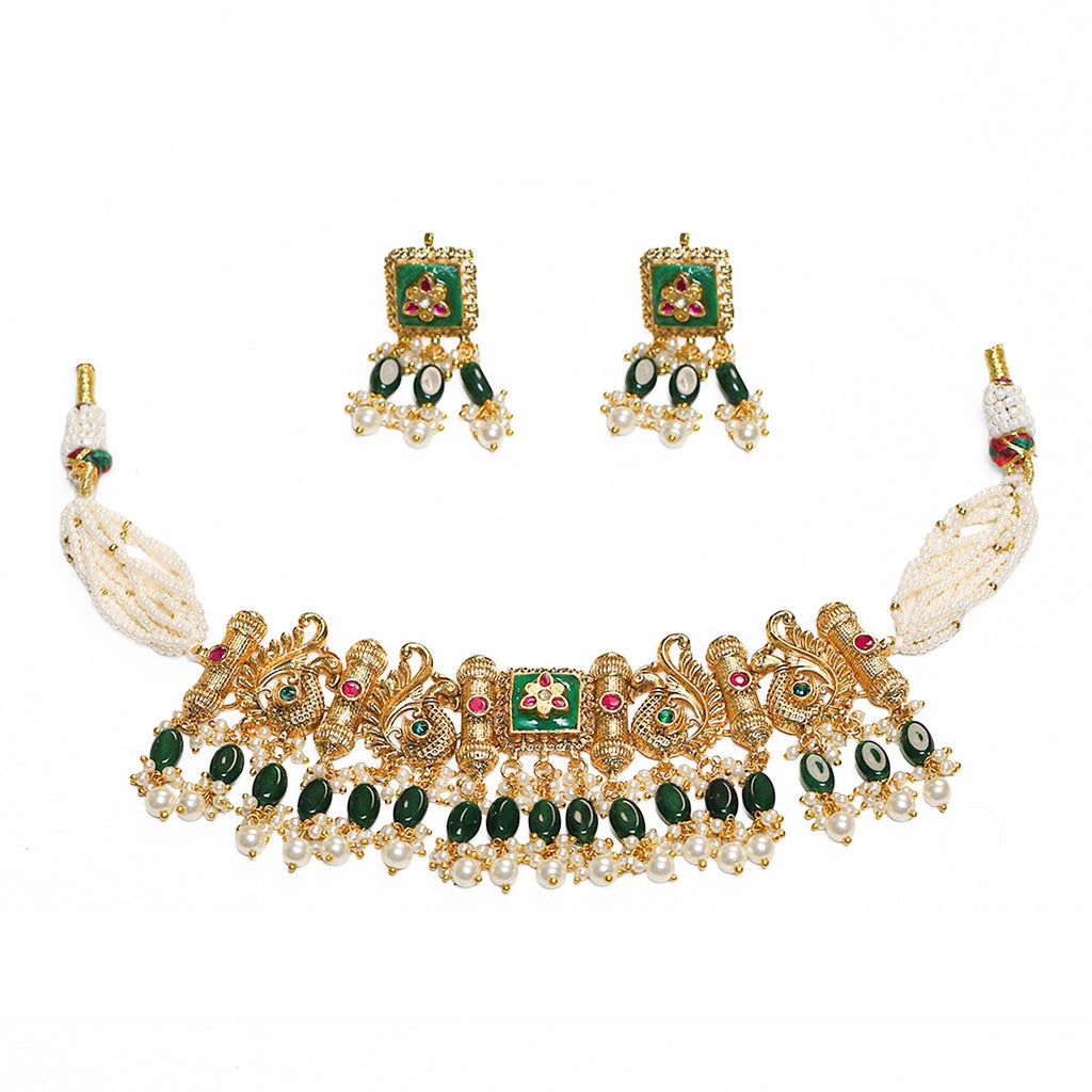 Antique Gold Peacock Choker Set | Traditional Indian Bridal Jewelry, Green Pearl Necklace Earrings