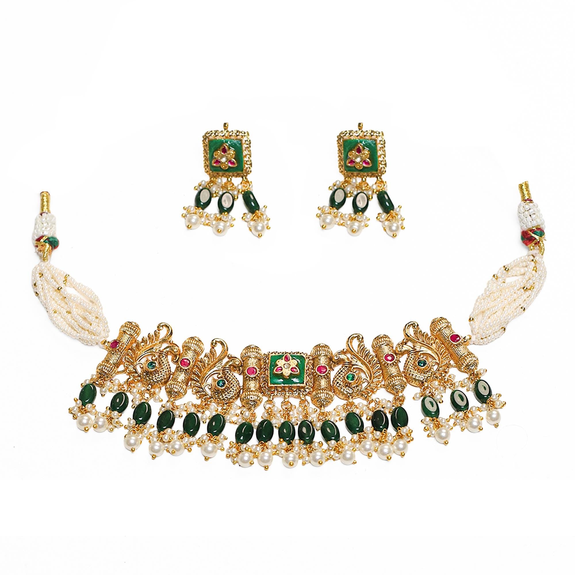 Antique Gold Peacock Choker Set | Traditional Indian Bridal Jewelry, Green Pearl Necklace Earrings