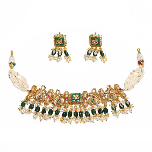 Juego de gargantilla de pavo real chapado en oro antiguo | Joyería nupcial india tradicional, pendientes de collar de perlas verdes