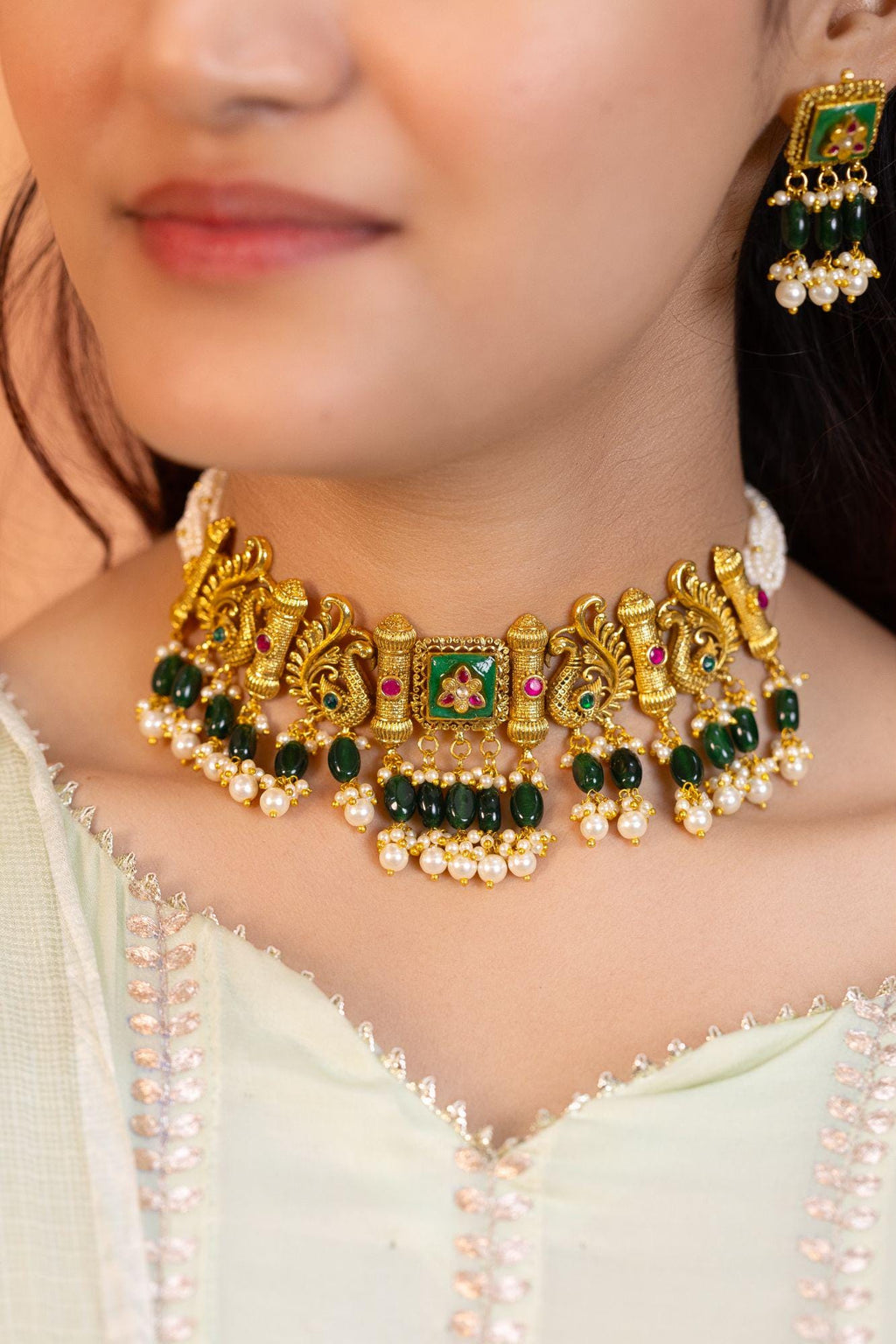 Antique Gold Peacock Choker Set | Traditional Indian Bridal Jewelry, Green Pearl Necklace Earrings