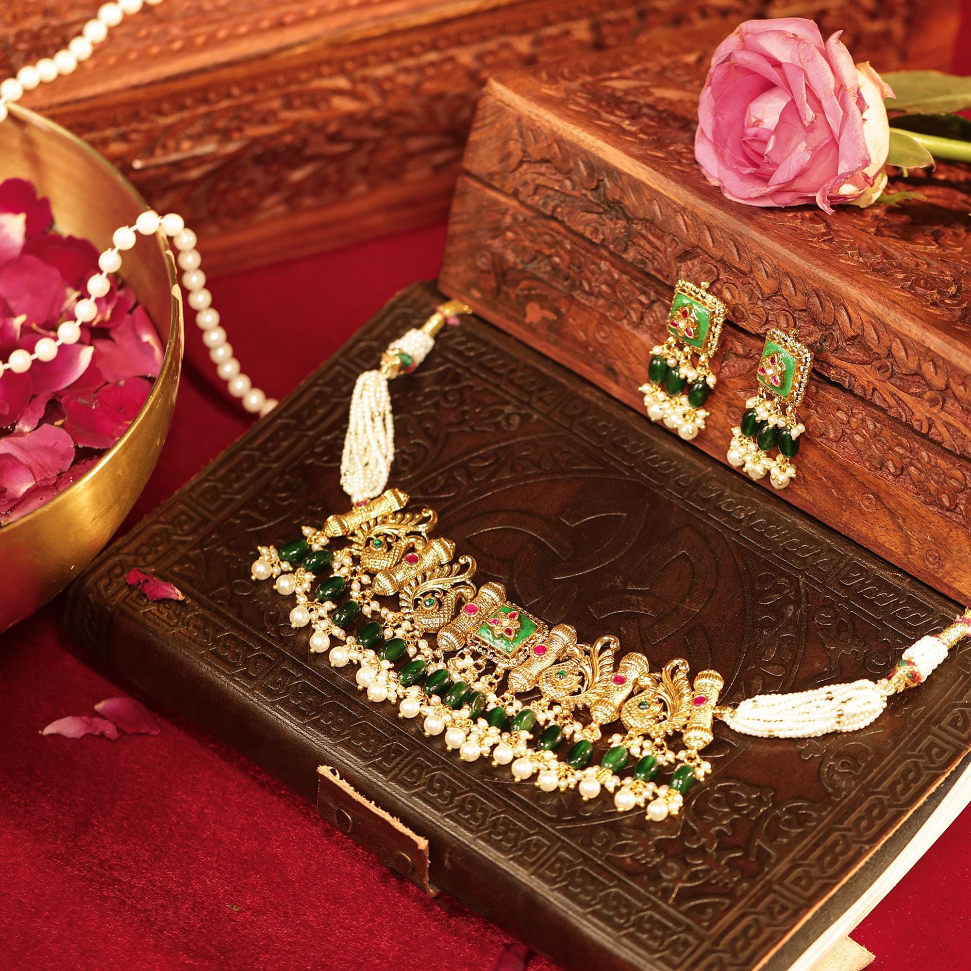 Antique Gold Peacock Choker Set | Traditional Indian Bridal Jewelry, Green Pearl Necklace Earrings