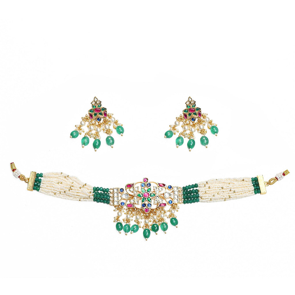 Handcrafted Navratna Floral Choker Set | Indian Bridal Emerald Green Pearl Necklace