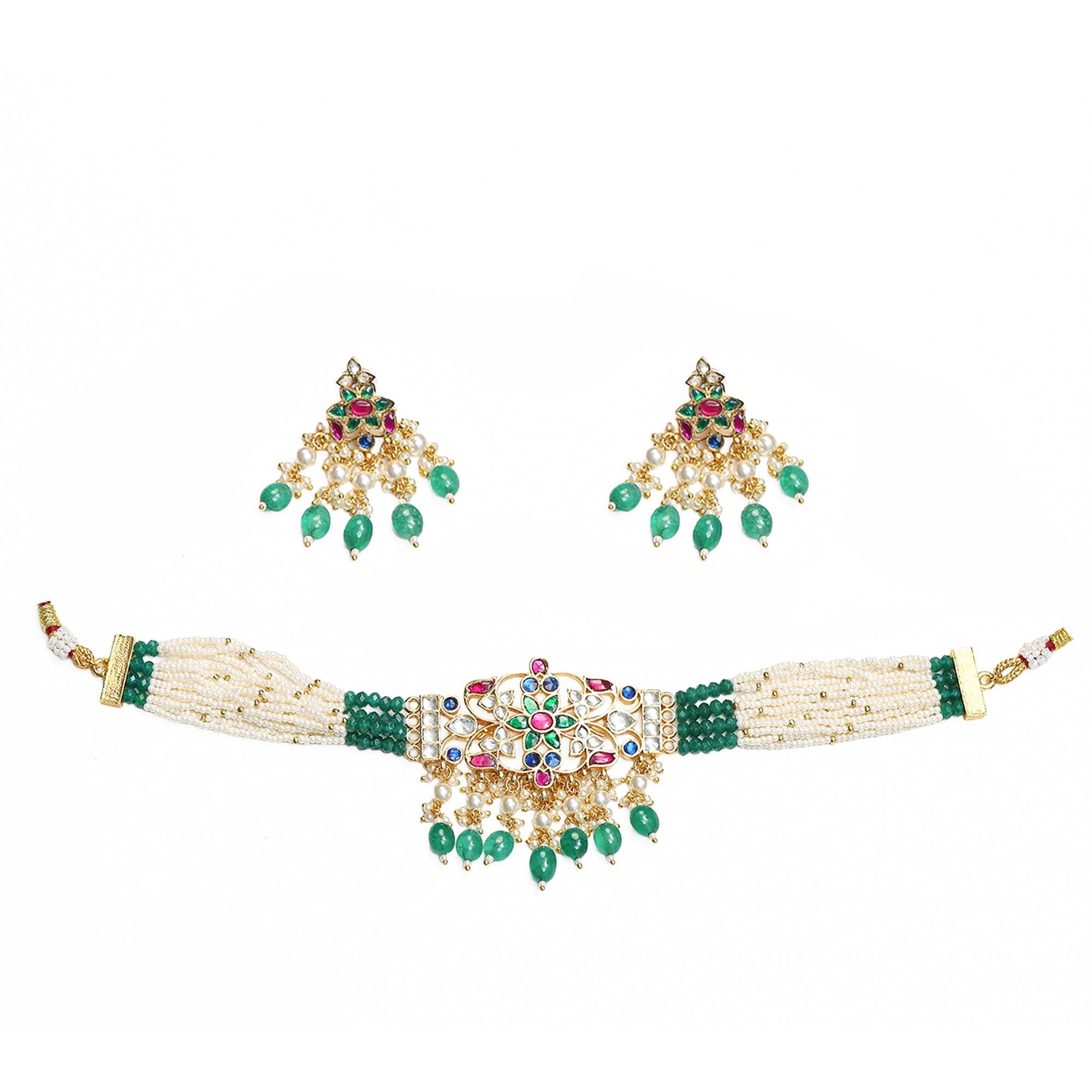 Handcrafted Navratna Floral Choker Set | Indian Bridal Emerald Green Pearl Necklace