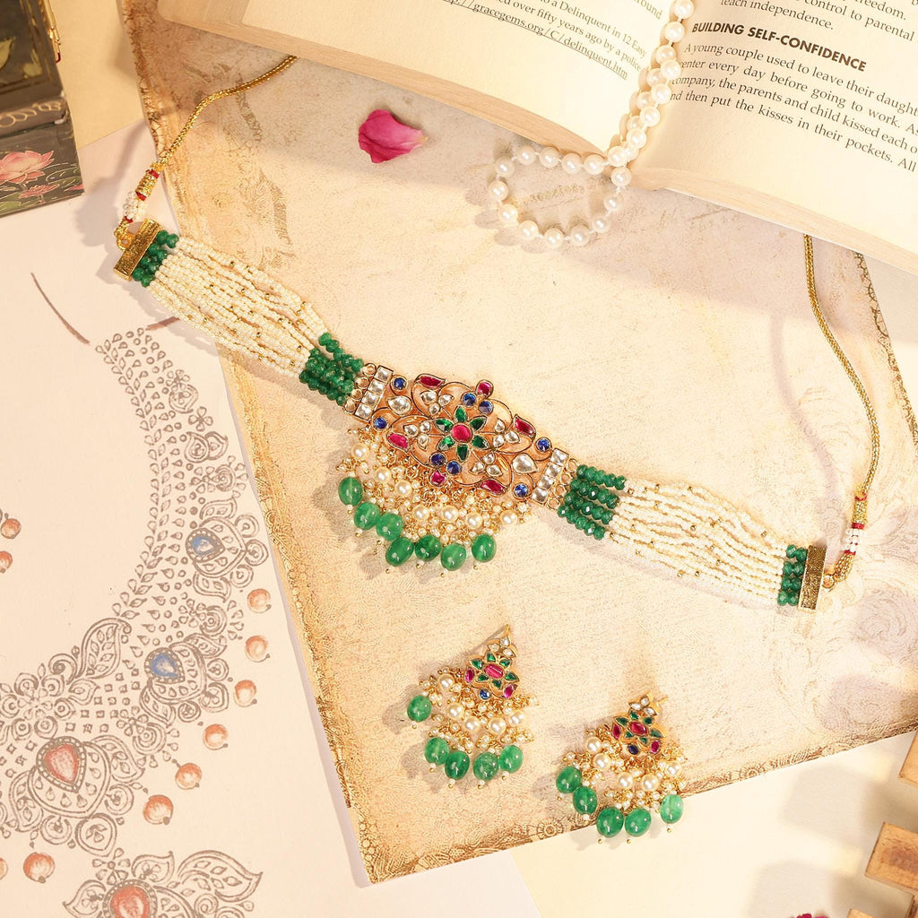 Handcrafted Navratna Floral Choker Set | Indian Bridal Emerald Green Pearl Necklace