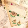 Handcrafted Navratna Floral Choker Set | Indian Bridal Emerald Green Pearl Necklace