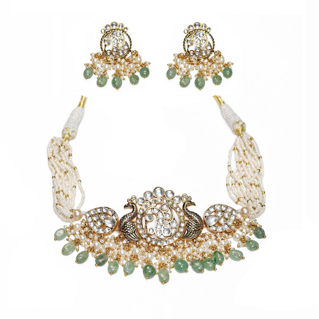 Handcrafted Peacock Kundan Choker Set | Indian Bridal Pearl Aventurine Necklace